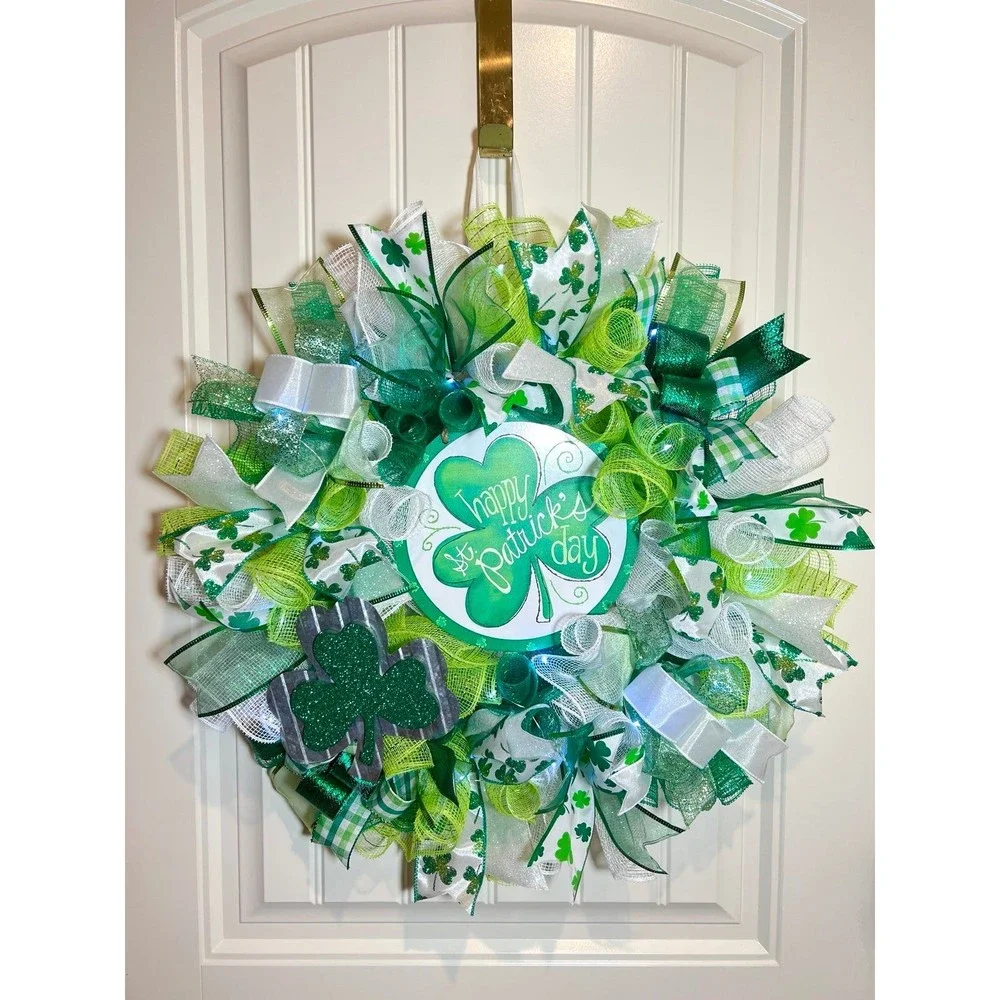 Handmade Happy St. Patrick’s Day Ribbon Prelit Wreath 22 ins LED W11